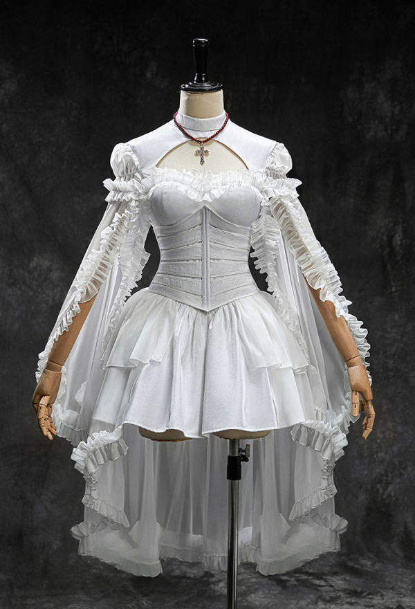 My Dying Bride Halloween White Short Wedding Dress Irregular Ruffled Dress with Corset and Gloves